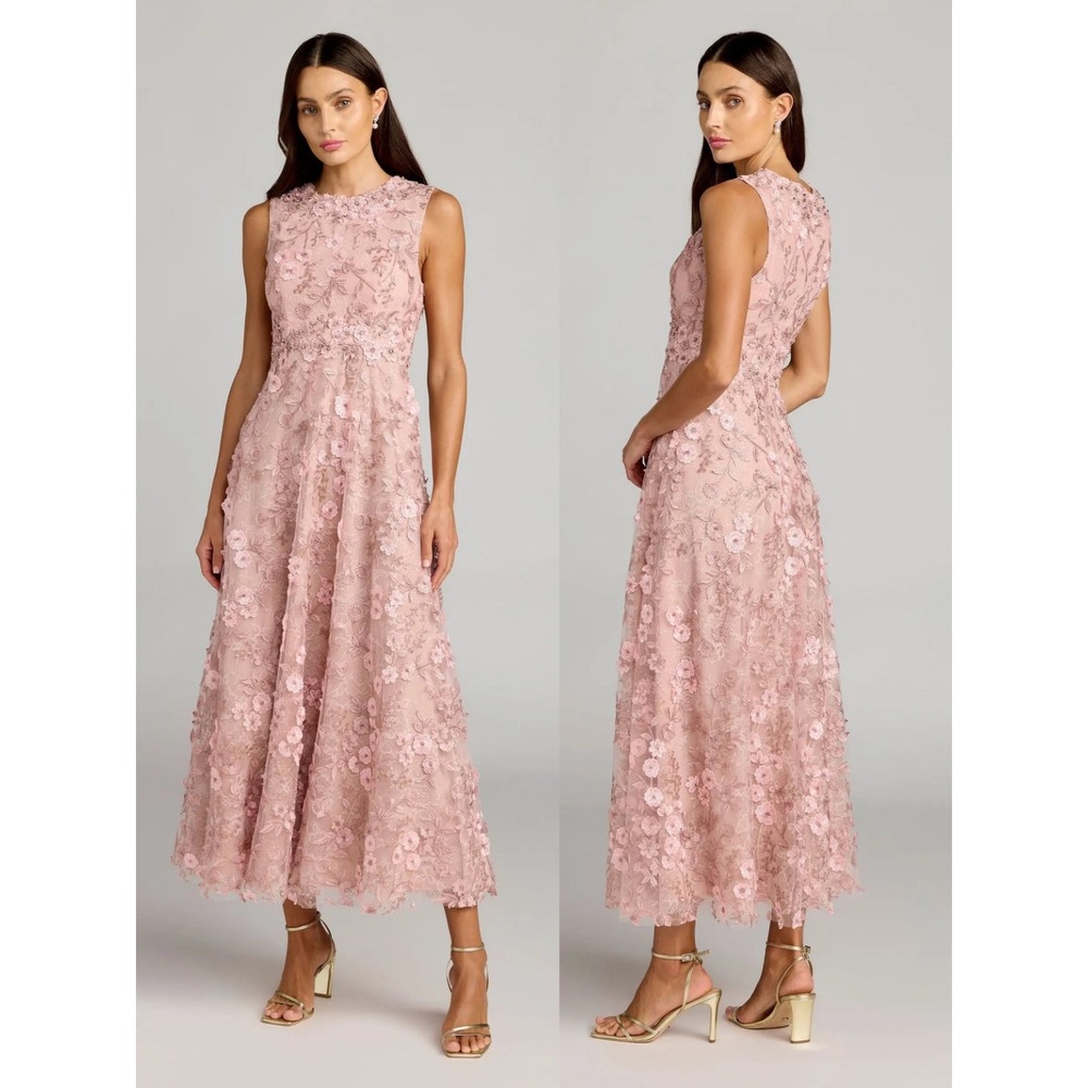 Mac Duggal Pink Floral Embroidered High Neck Midi Dress $498 - Size 10